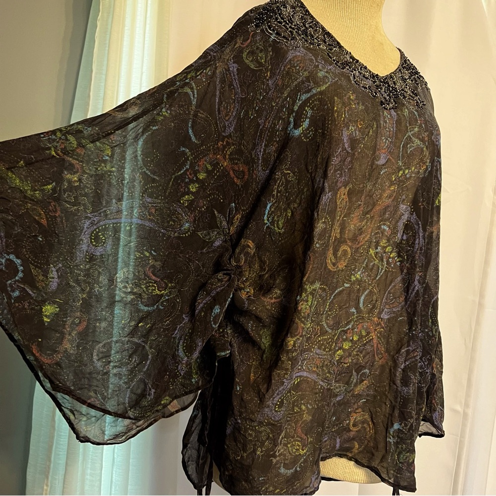 Chicos Shirt Women Sz M /L Black Paisley 100% Silk Chiffon Long Sleeve Top Sheer